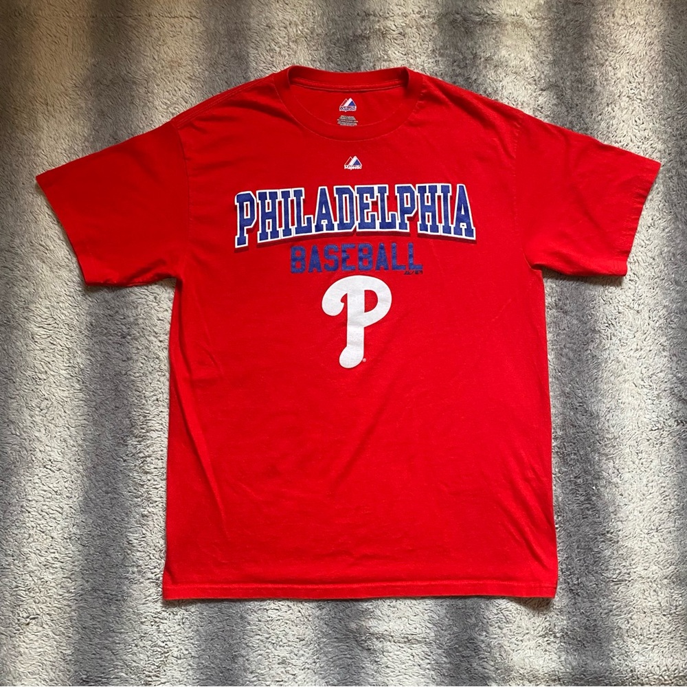 MLB Philadelphia Phillies Majestic Tee Mens Large Red White Blue Baseball